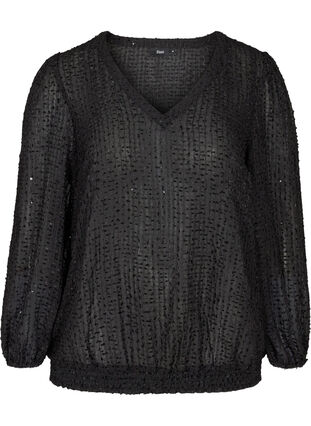 Struktureret bluse med smock og v-hals, Black, Packshot image number 0