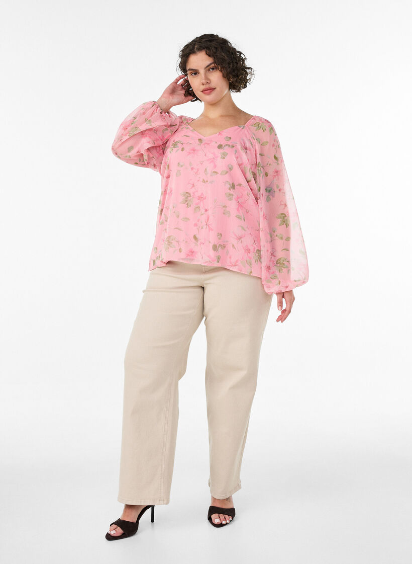 Chiffonbluse med blomster og lange &aelig;rmer , Lyser&oslash;d, Model image number 1
