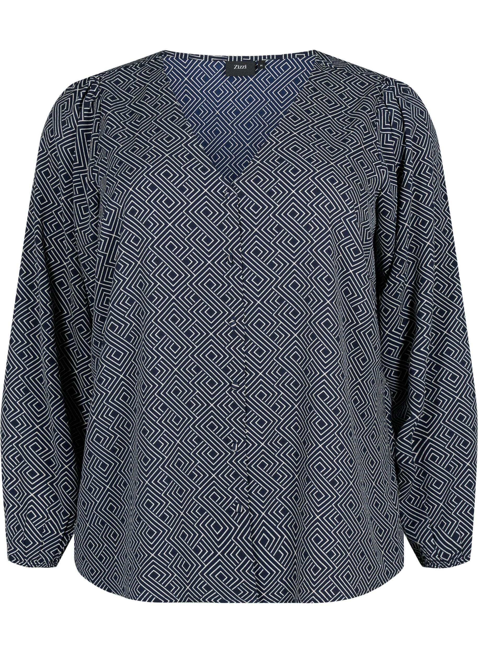 Zizzi Skjortebluse med v-hals og print, Navy Graphic AOP, Packshot image number 0