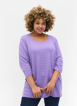 Lang bluse med rund hals og 3/4 ærmer, Paisley Purple, Model image number 0