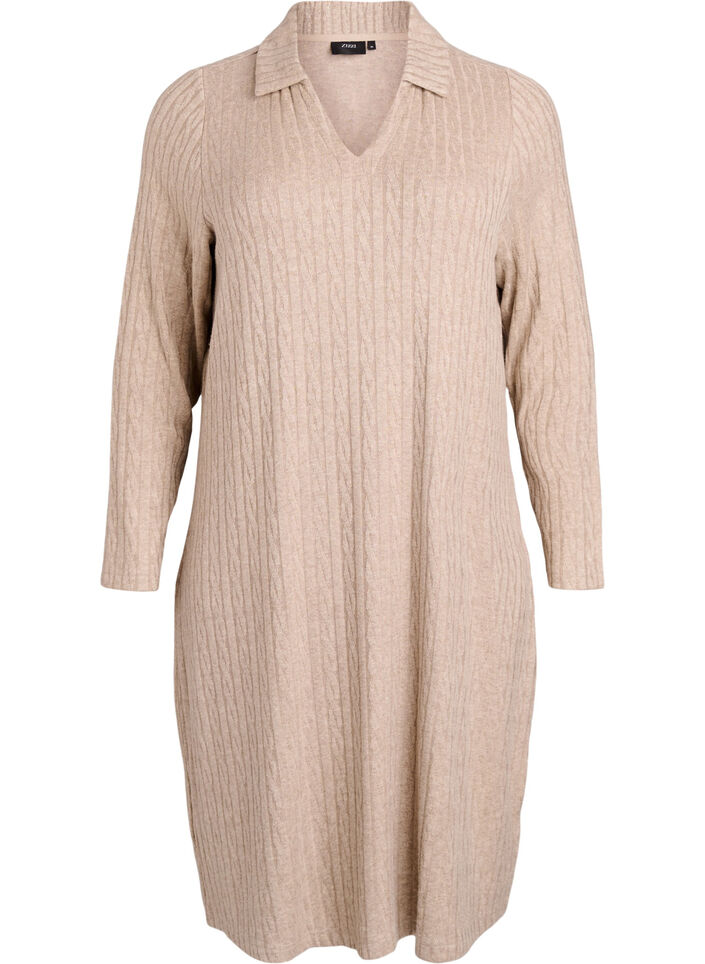 Kjole med kabelstruktur og v-udskæring, Beige, Packshot image number 0