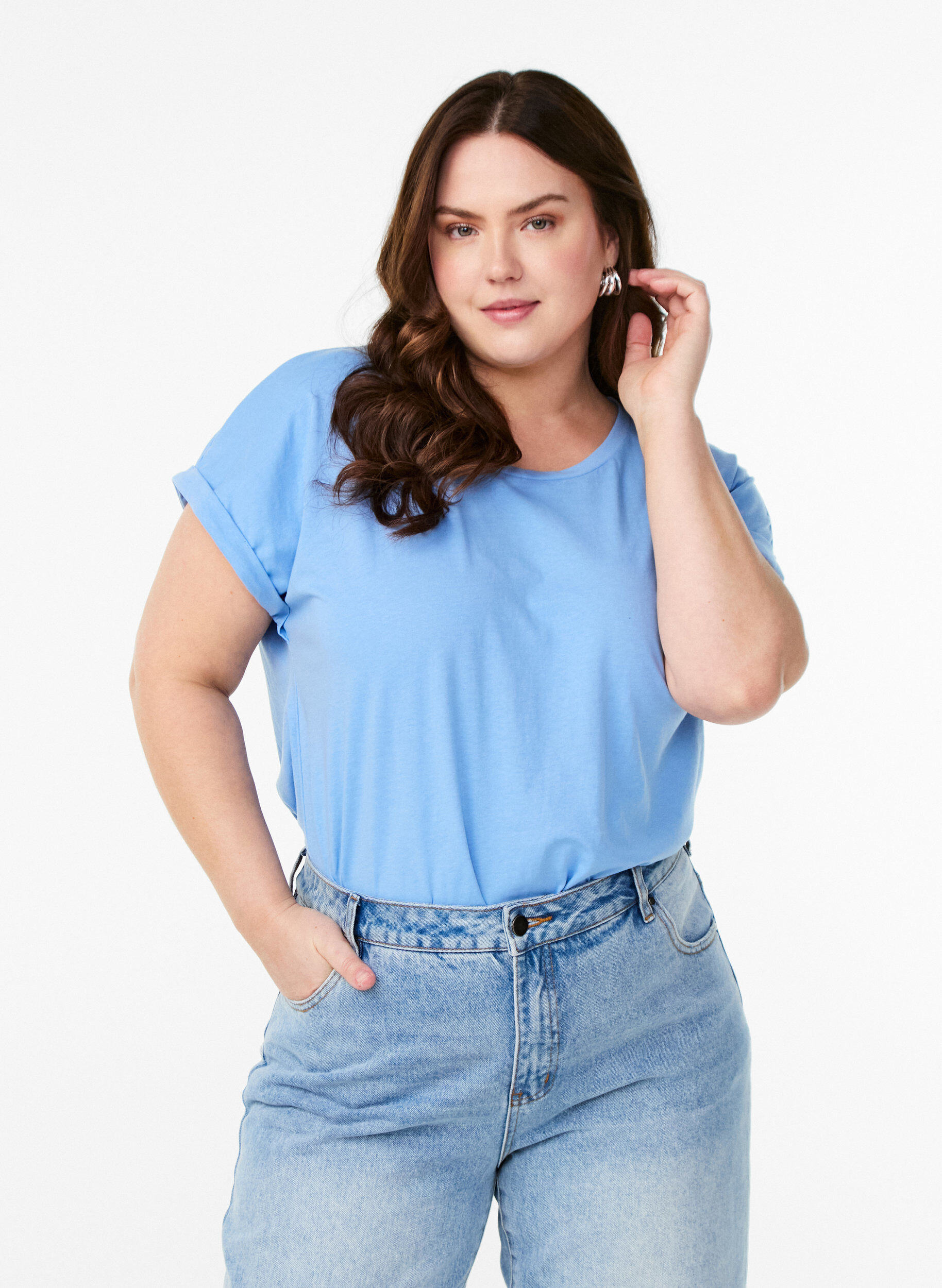 Kort&aelig;rmet t-shirt i bomuldsblanding, Bl&aring;, Model
