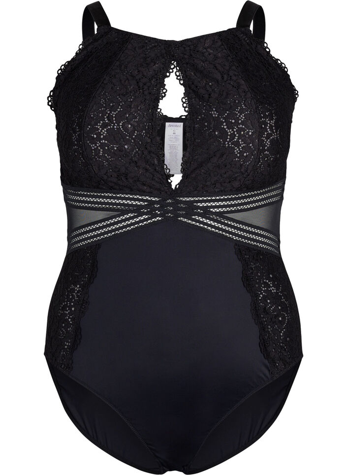 Bodystocking med blonder og udskæringer, Black, Packshot image number 0