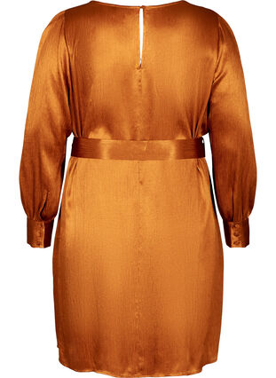 Shiny kjole med bælte og pufærmer, Buckthorn Brown, Packshot image number 1