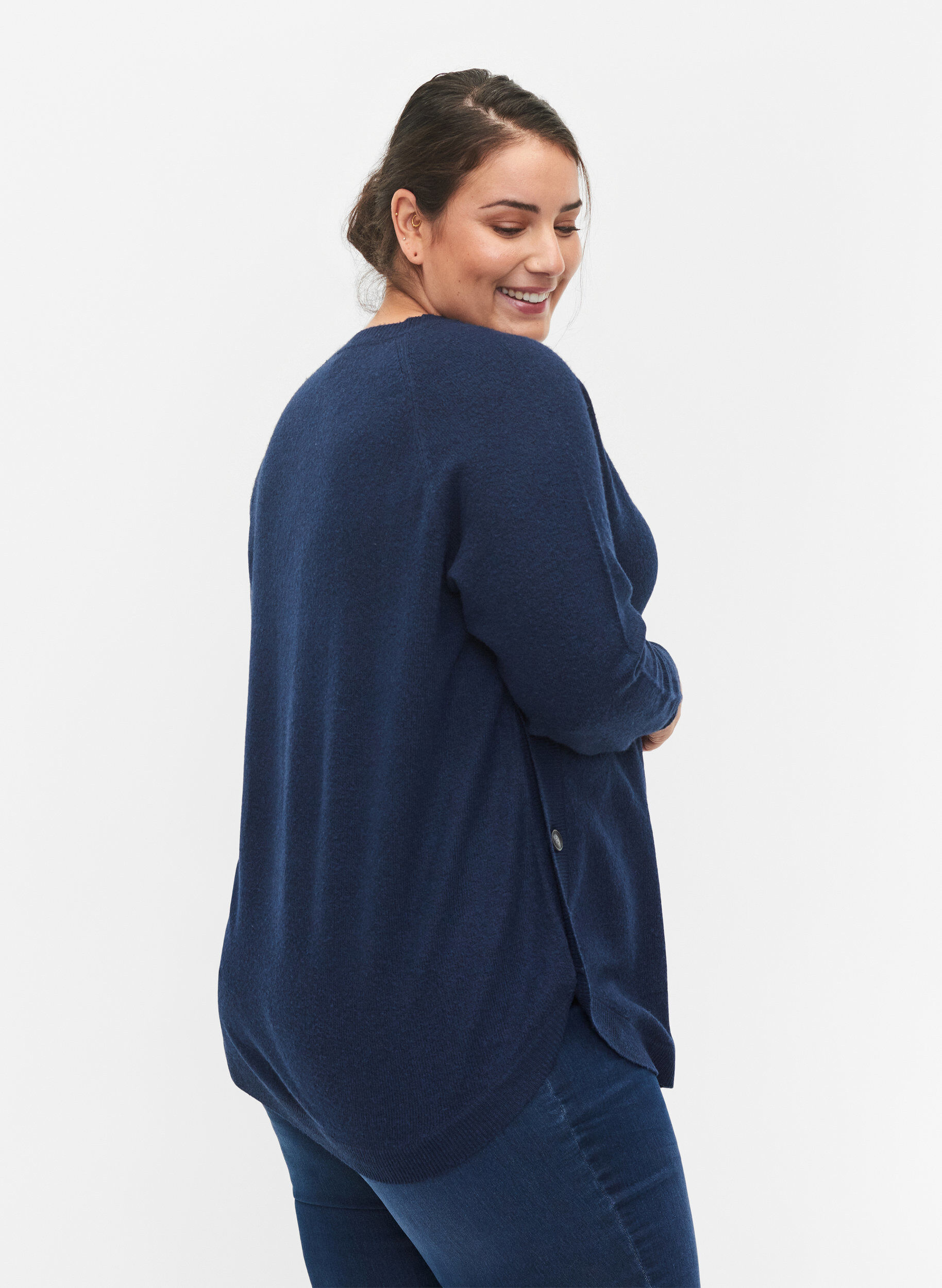 Zizzi Meleret strikbluse med knappedetaljer, Navy Blazer Mel., Model image number 1