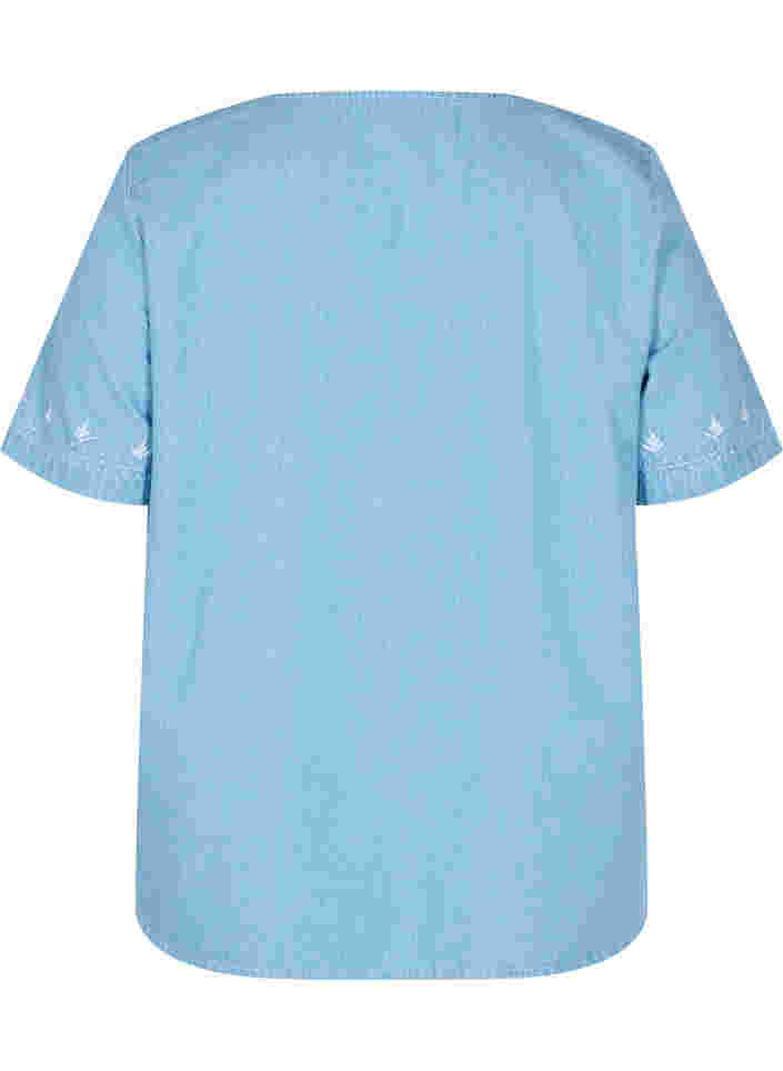 Kortærmet bluse med broderi , Light blue denim, Packshot image number 1