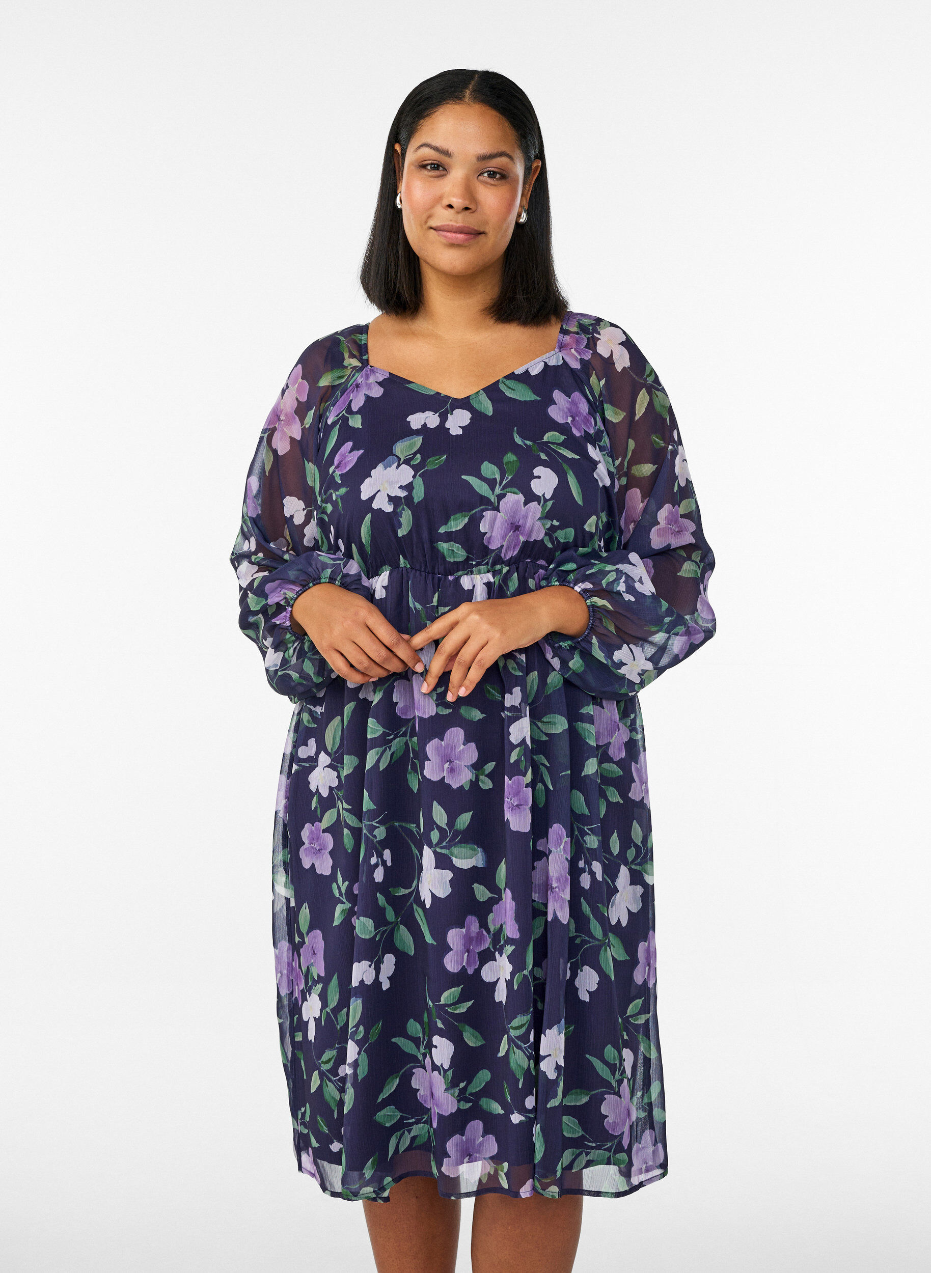 Festkjole i chiffon med lange &aelig;rmer, Bl&aring;, Model