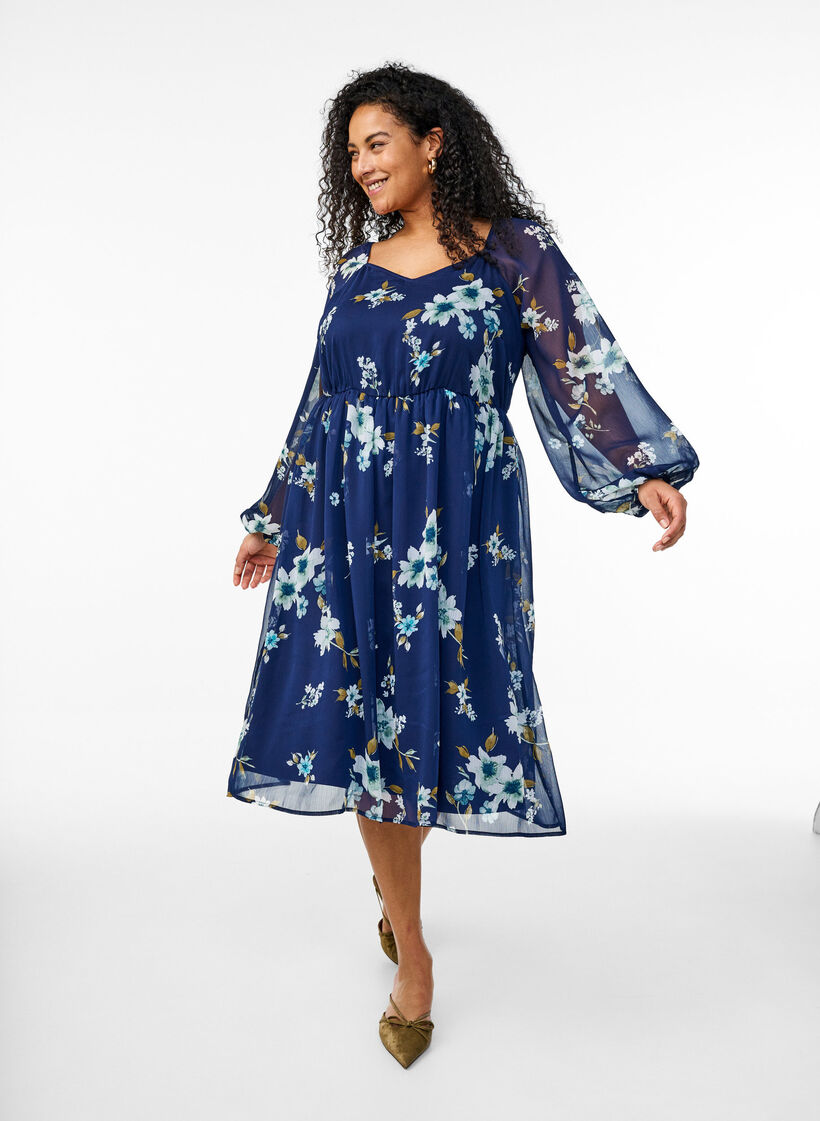 Festkjole i chiffon med lange &aelig;rmer, Bl&aring;, Model image number 0