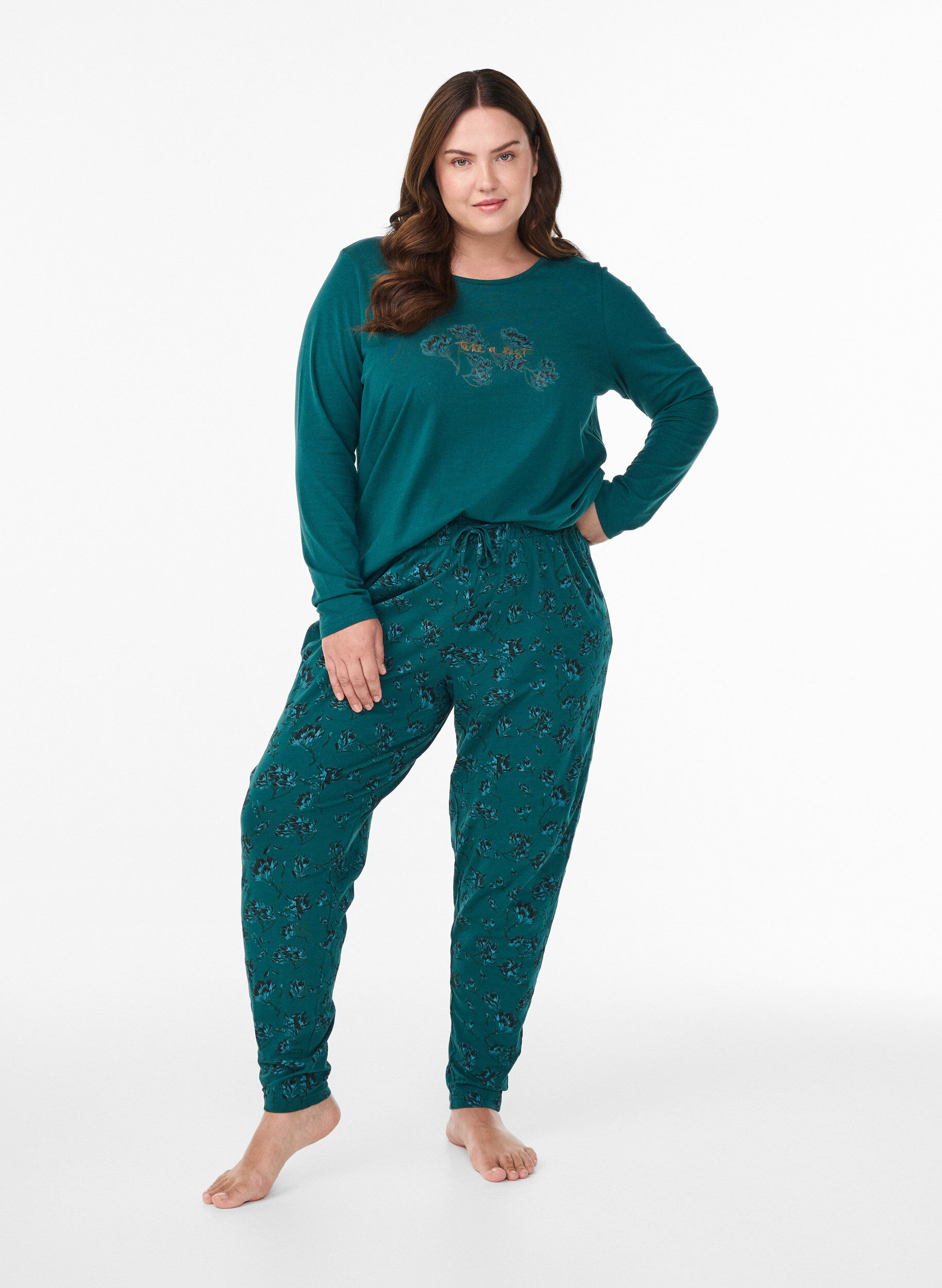 ZizziNatbluse i bomuld med frontmotiv, Turkis, Model image number 1