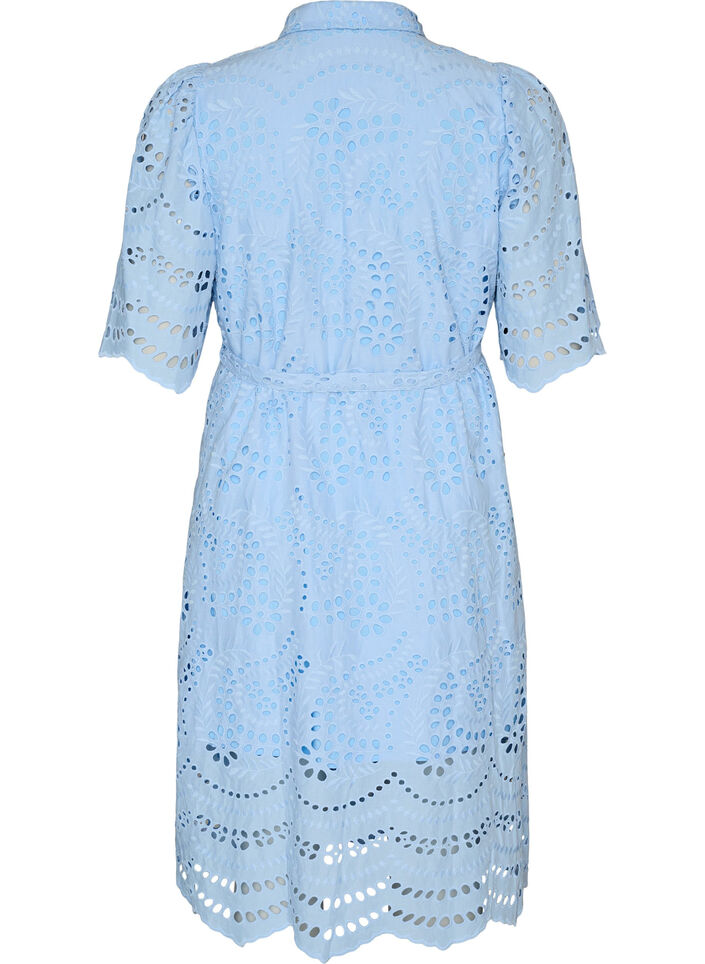 Skjortekjole i broderie anglaise med bindeb&aelig;lte, Bl&aring;, Packshot image number 1