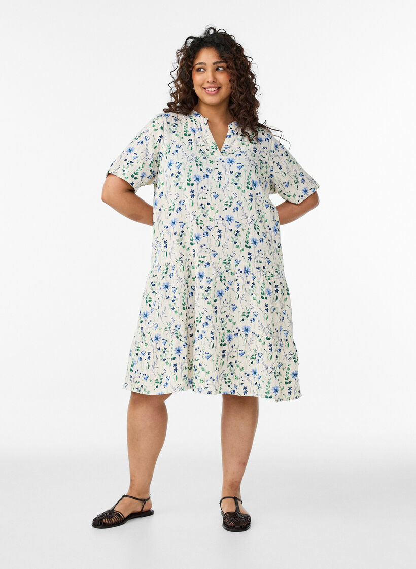 Kort kjole i bomuldsmusselin med A-facon, Beige, Model image number 1