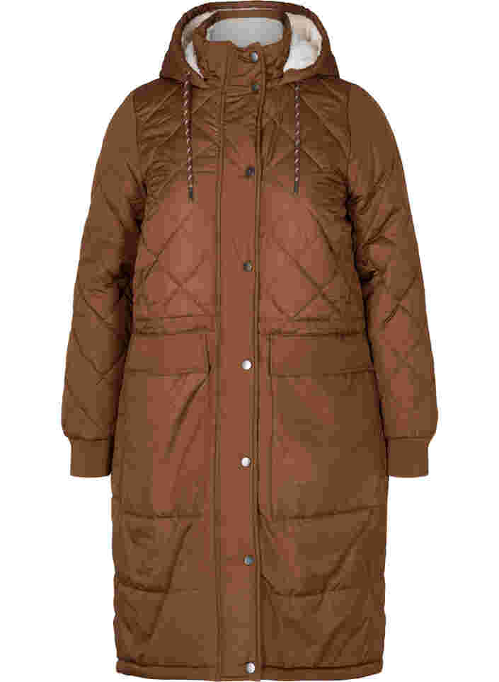 Quiltet jakke med hætte og justerbar talje, Toffee, Packshot image number 0