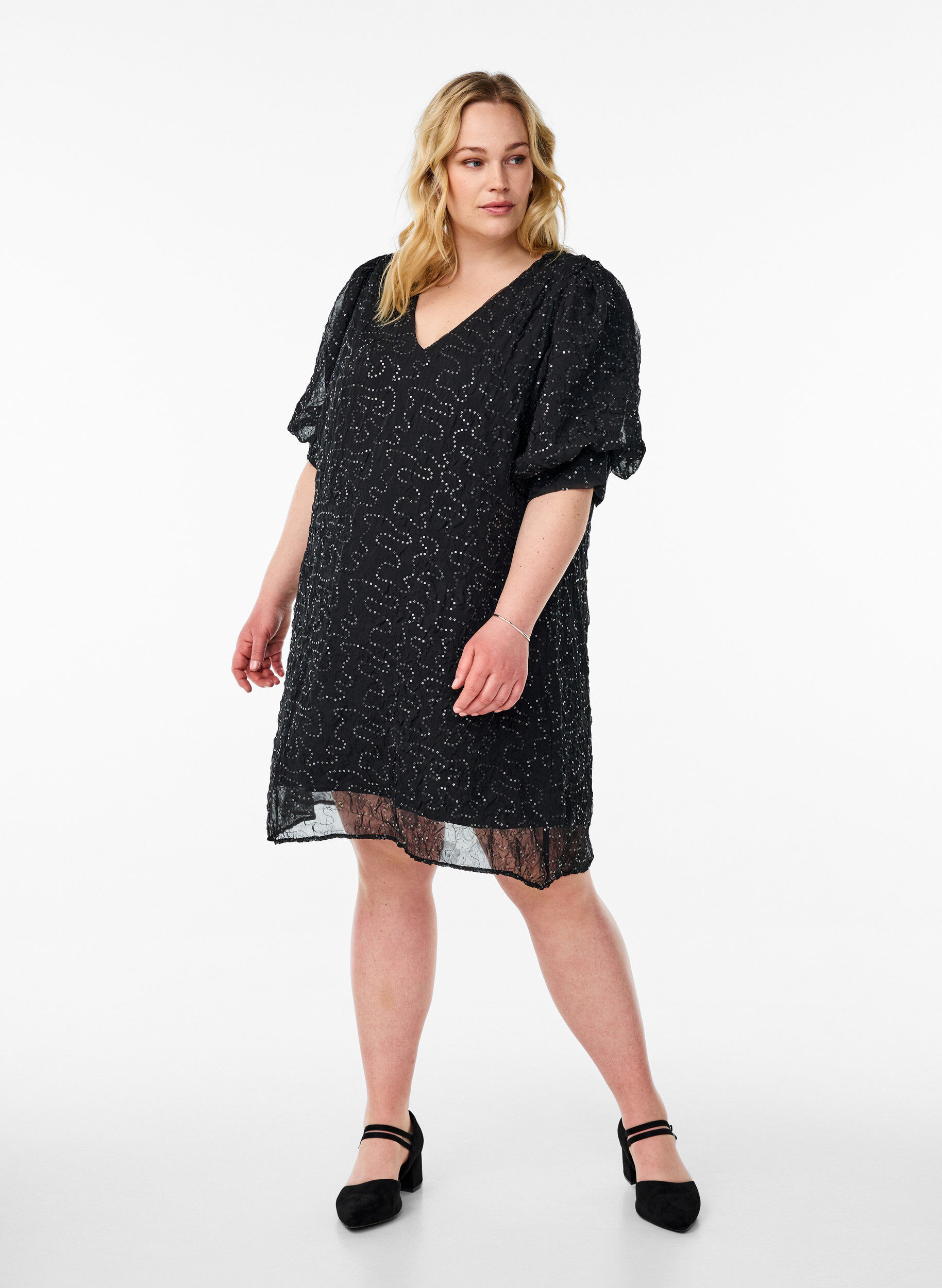 Zizzi Kort festkjole med pailletter, Sort, Model image number 1