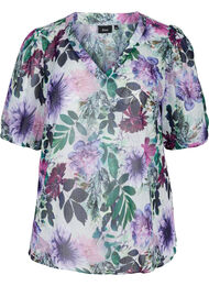 Blomstret bluse med 2/4 ærmer, Purple Flower mix