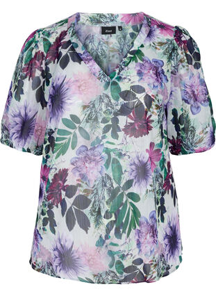 Blomstret bluse med 2/4 ærmer, Purple Flower mix, Packshot image number 0