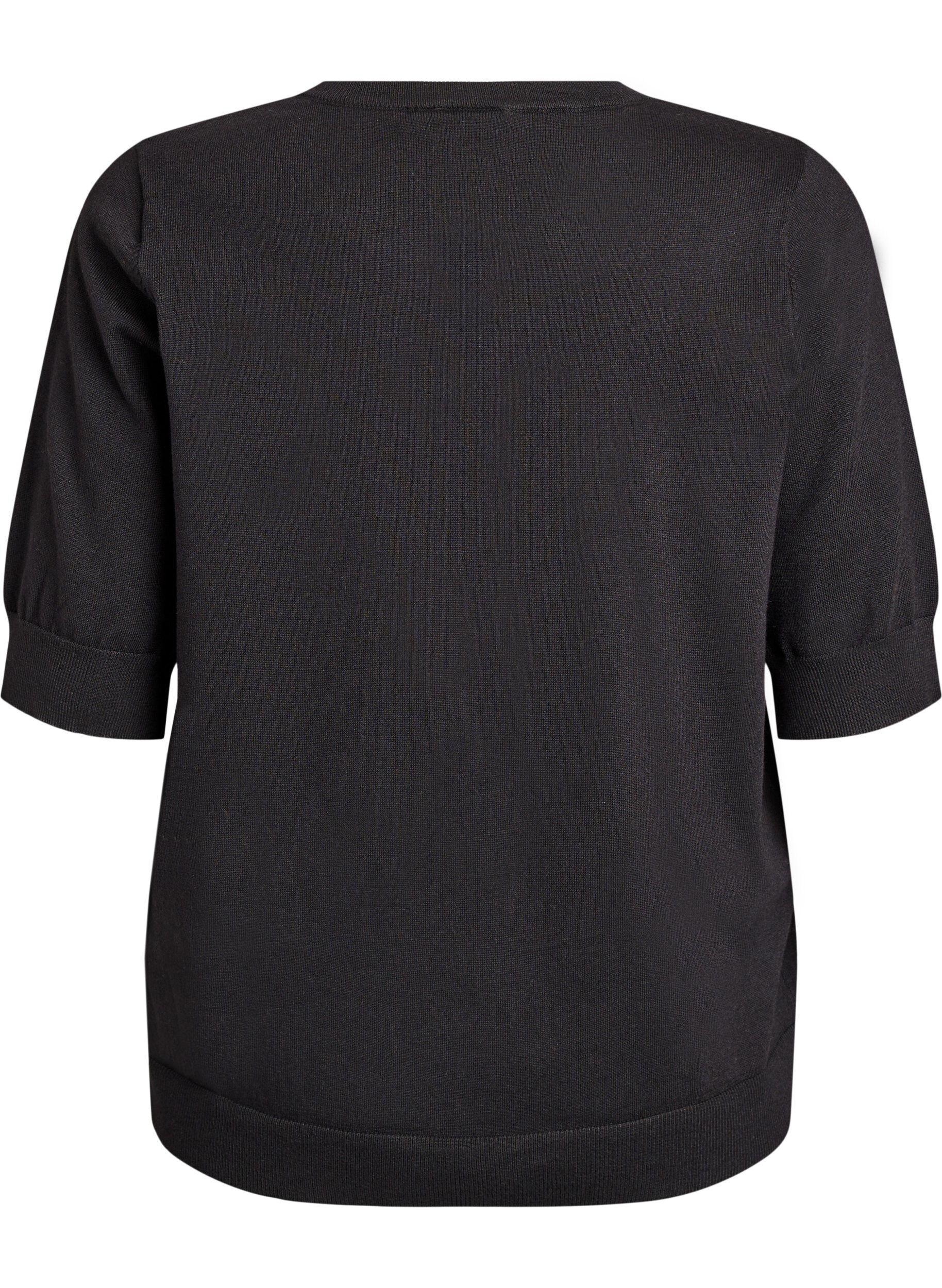 ZizziFinstrikket bluse med korte &aelig;rmer, Sort, Packshot image number 1