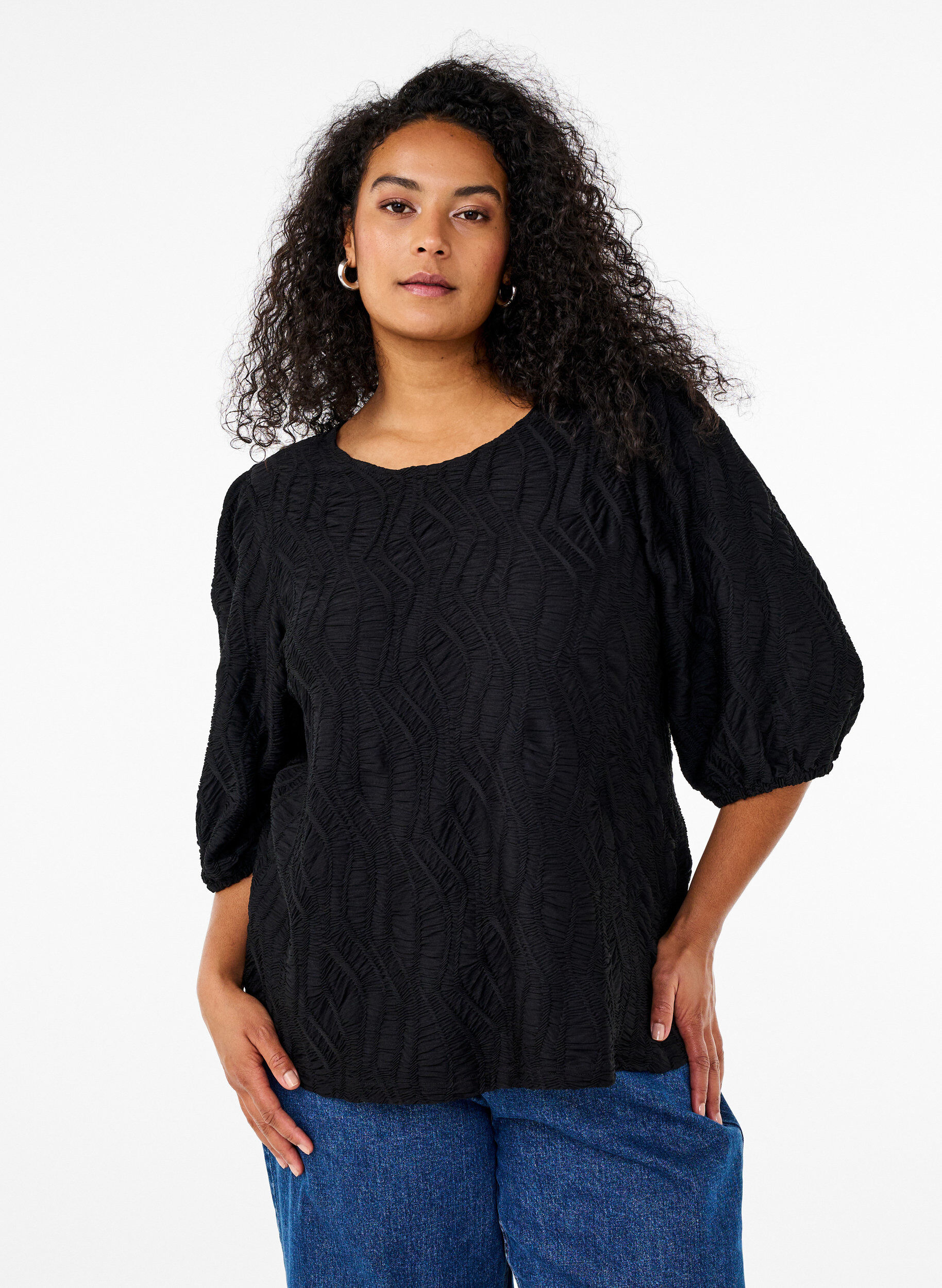 Bluse med tekstur og 3/4 &aelig;rmer, Sort, Model