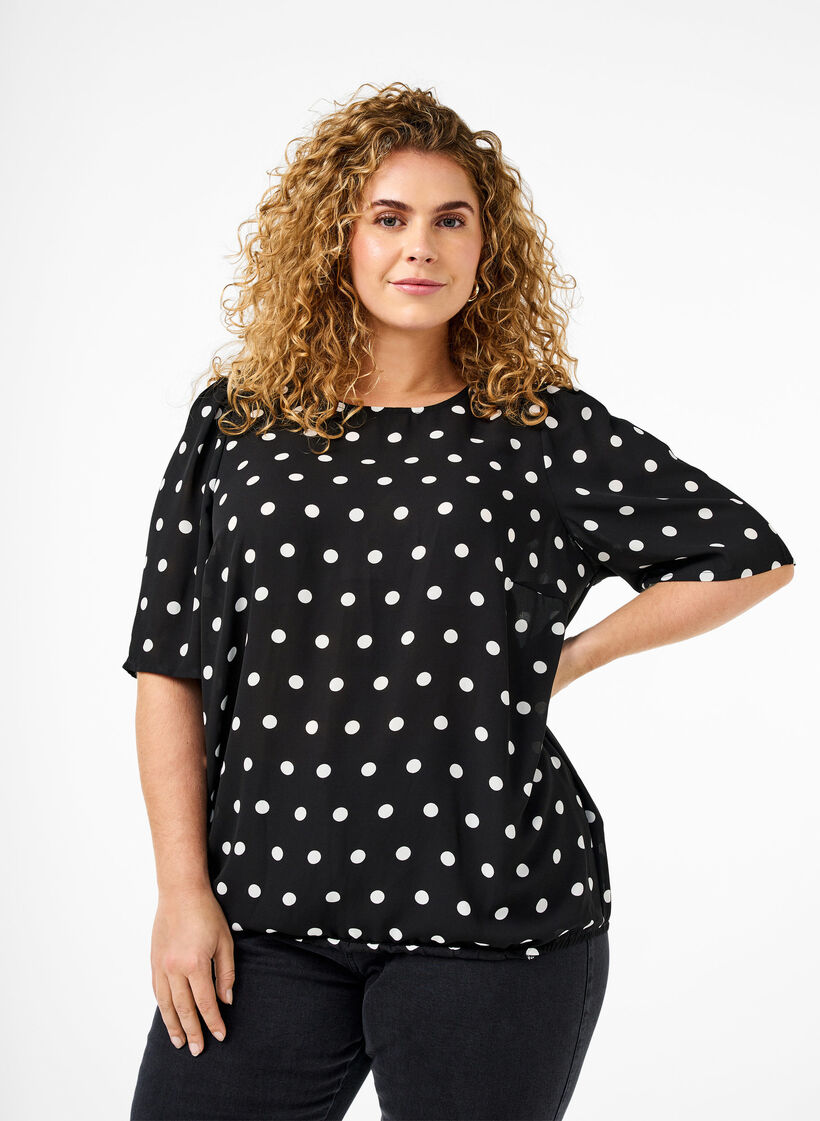 Prikket bluse med korte ærmer, Black W. White Dot, Model image number 0
