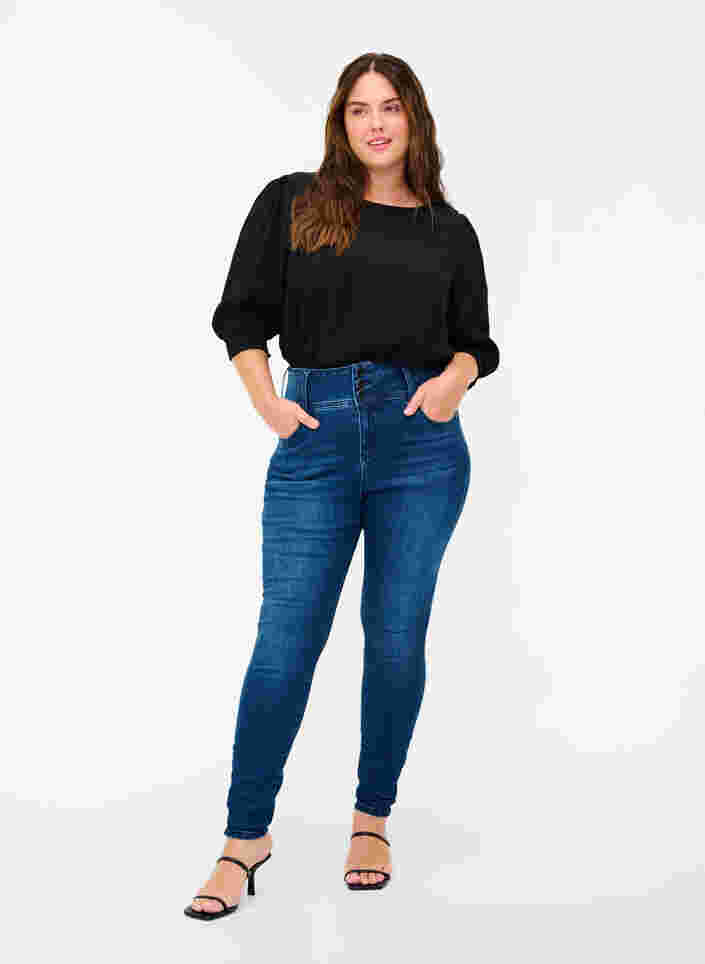 Super slim Bea jeans med ekstra høj talje, Blue denim, Model