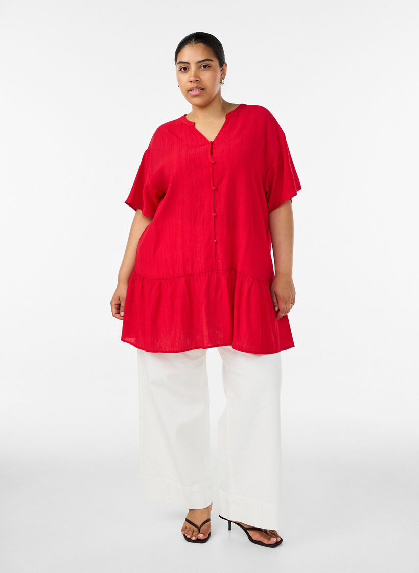 L&oslash;s tunika med kr&oslash;llet struktur og fl&aelig;sekant, R&oslash;d, Model image number 1