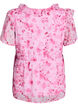 Blomstret bluse med fl&aelig;sekrave og peplum-effekt, Lyser&oslash;d, Packshot image number 1