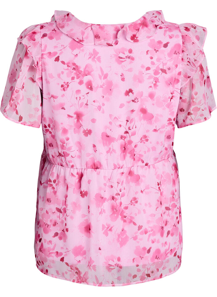 Blomstret bluse med fl&aelig;sekrave og peplum-effekt, Lyser&oslash;d, Packshot image number 1