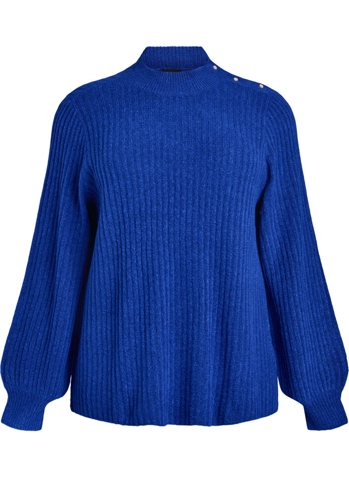Ribstrikket sweater med ballon&aelig;rmer og knapper, Bl&aring;, Packshot