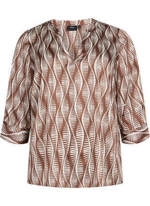 Bluse med print og 3/4 ærmer, Brown Abstract AOP, Packshot image number 0