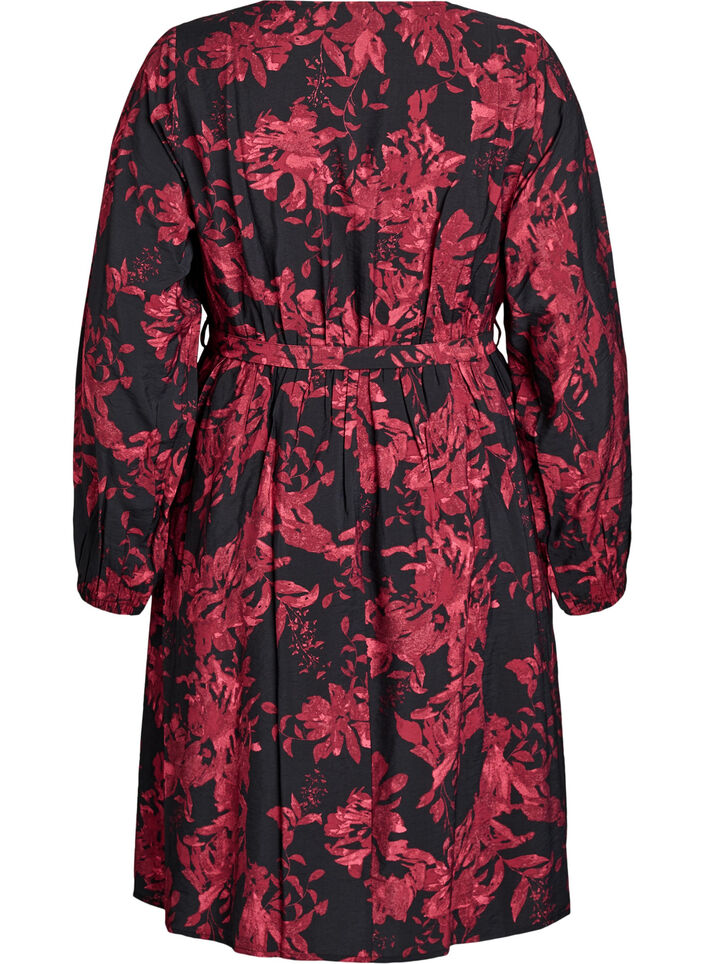 Knælang kjole med bindebælte og wrap-look, Sort, Packshot image number 1