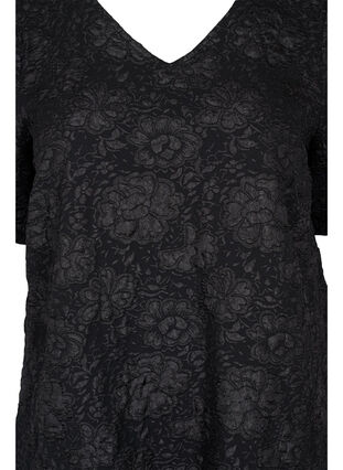 Kortærmet kjole med v-hals og blomstret struktur, Black, Packshot image number 2