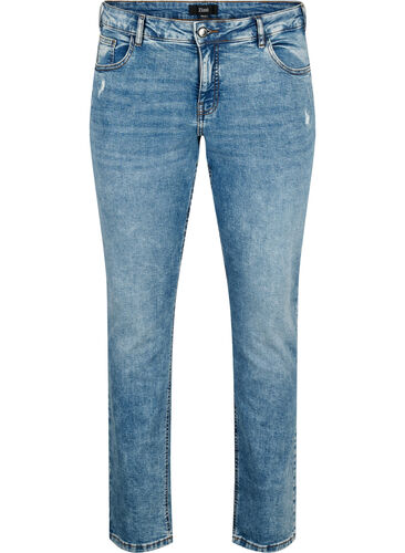 Emily jeans med normal talje og slid, Blue denim, Packshot image number 0