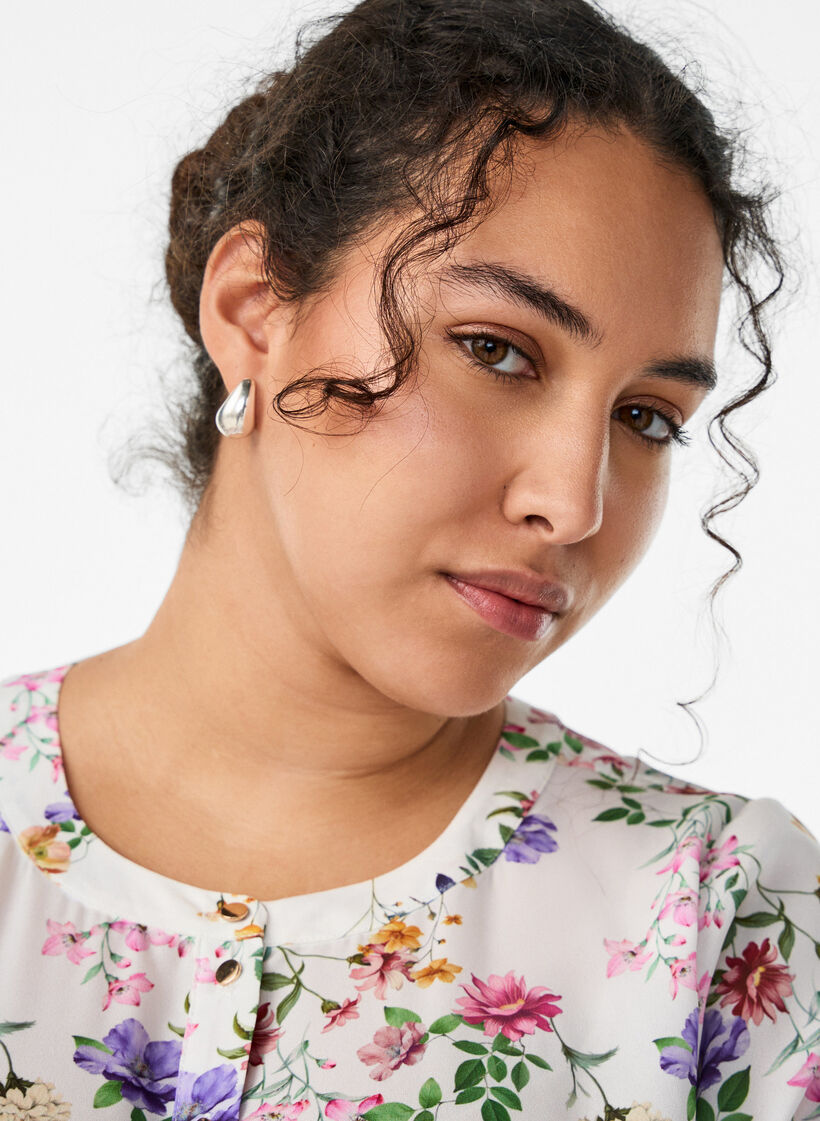 Blomstret midikjole med 3/4 &aelig;rmer , Lyser&oslash;d, Model image number 2