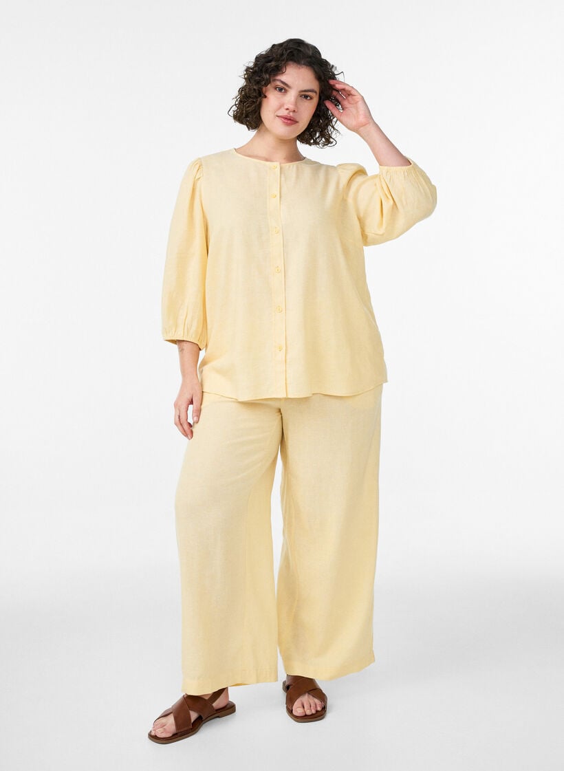 Skjortebluse i h&oslash;r og viskose med 3/4-&aelig;rmer, Gul, Model image number 1