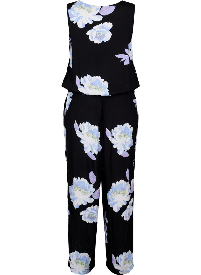 Ærmeløs jumpsuit i viskose, Black Big Flower AOP, Packshot image number 1