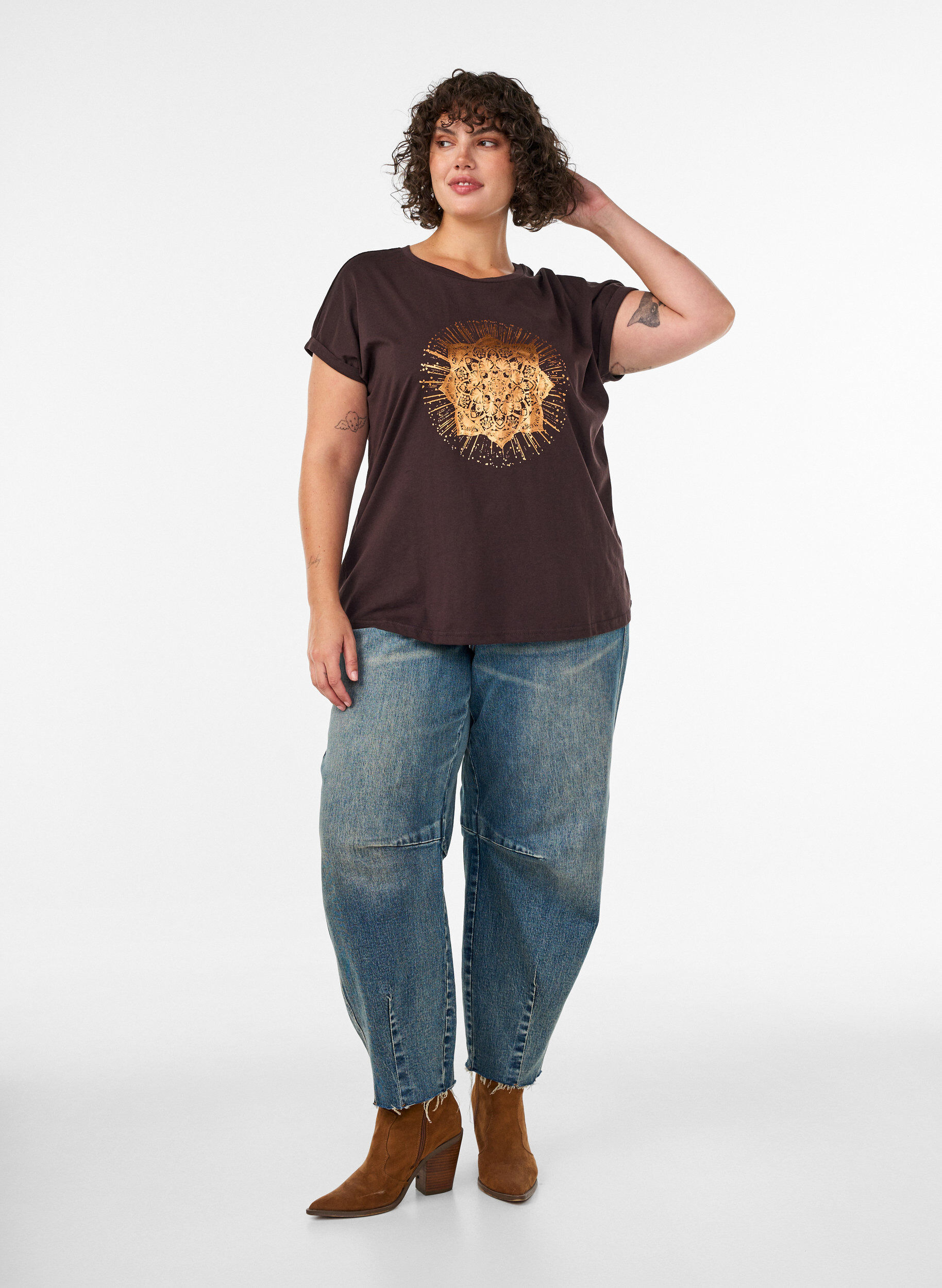 ZizziT-shirt med dekorativt frontprint, Brun, Model image number 1