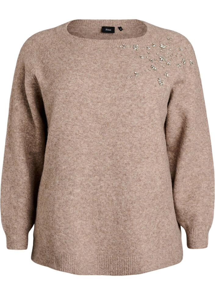 Strikbluse med rhinsten og nitter, Beige, Packshot image number 0