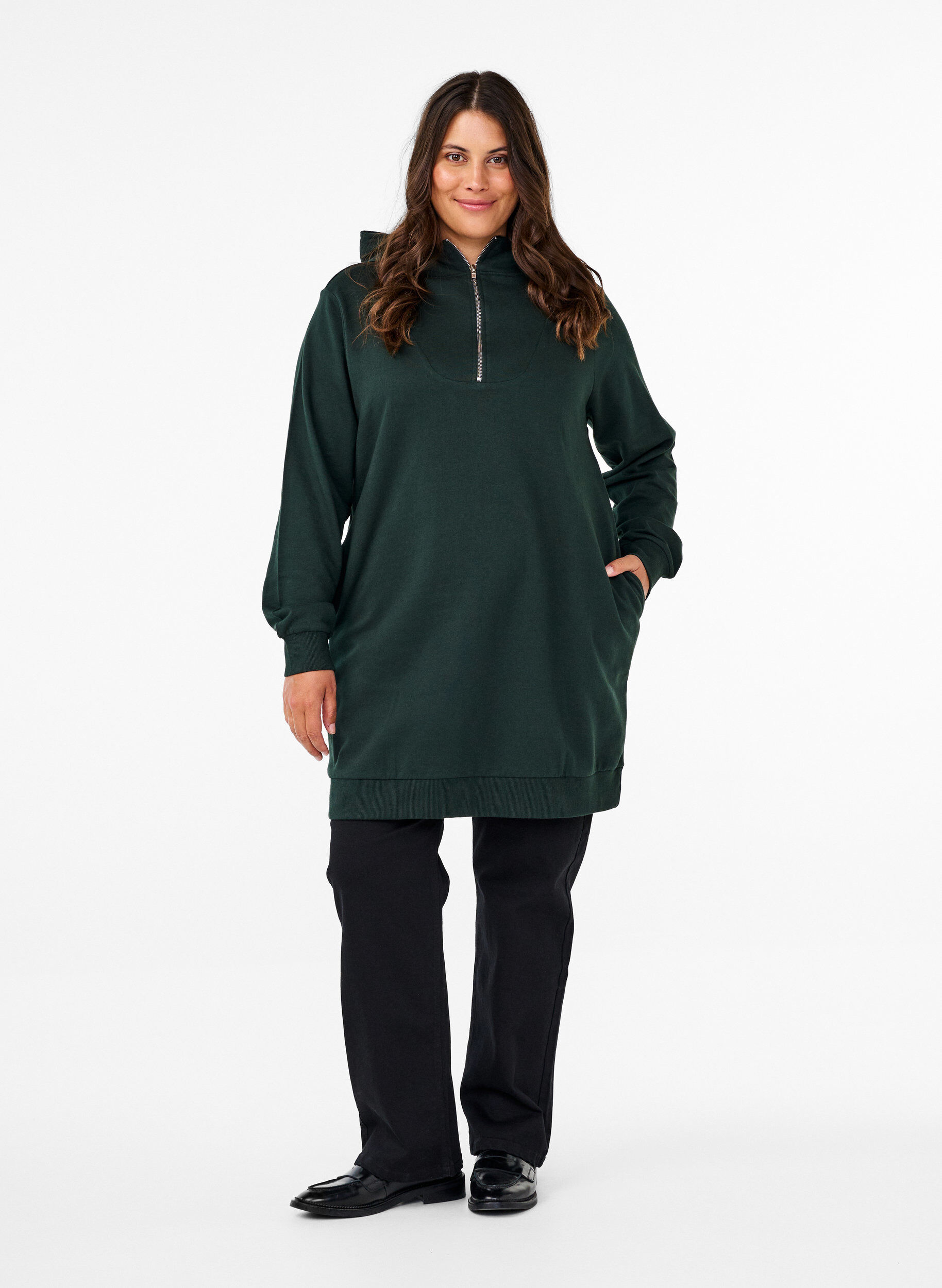 Zizzi Sweat tunika med h&aelig;tte og lynl&aring;s, Scarab, Model image number 2