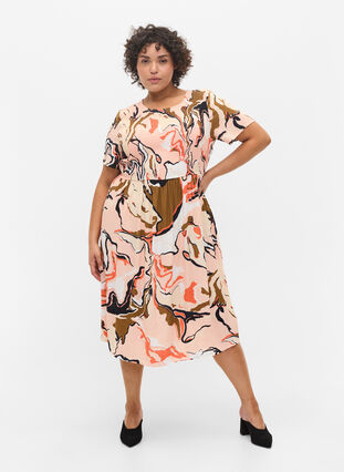 Printet viskose kjole med smock, Abstract AOP, Model image number 2