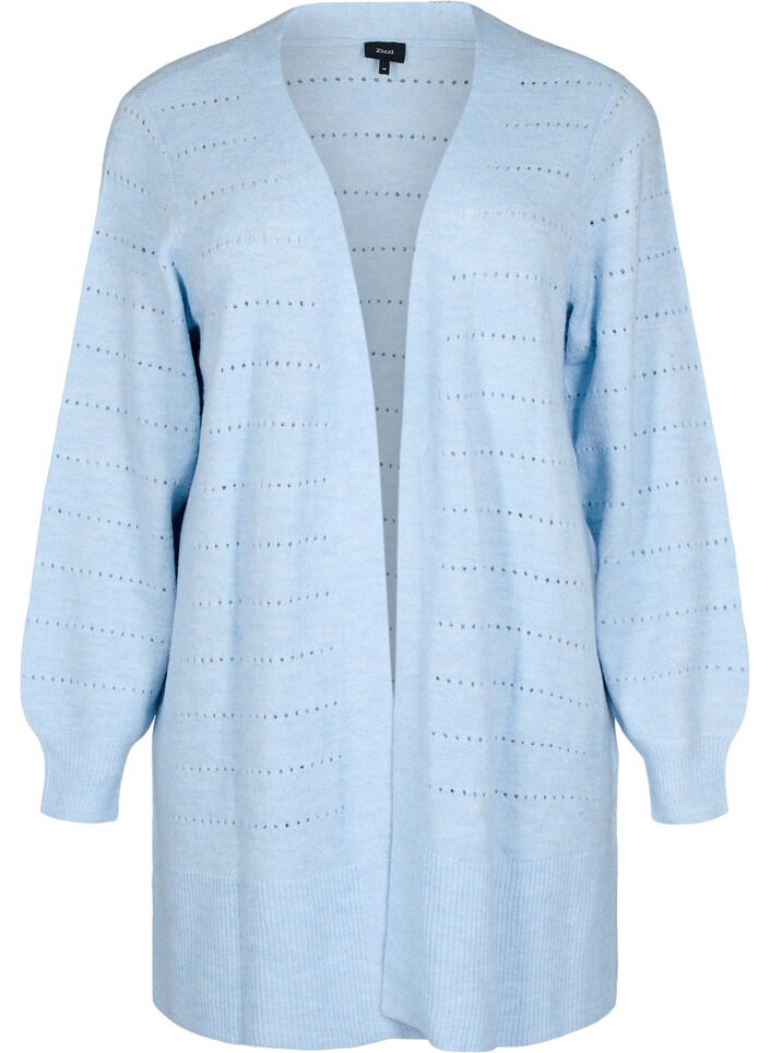 Lang strikcardigan med hulmønster, Cashmere Blue Mel., Packshot image number 0