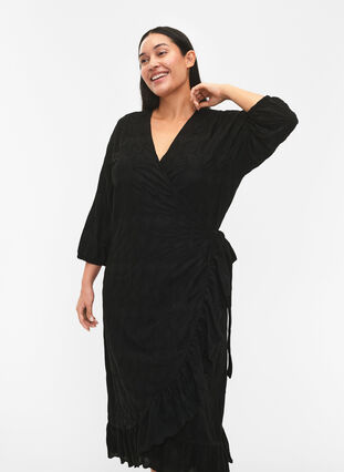 FLASH - Wrap kjole med 3/4 ærmer, Black, Model image number 2