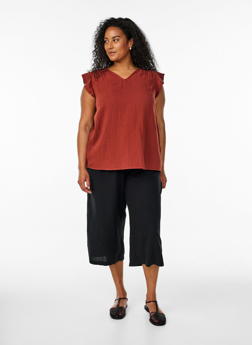 Ærmeløs top i bomuldsmusselin med flæser, Rød, Model image number 1