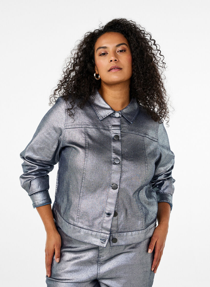 Kort sølv coated denimjakke, Gun Silver, Model image number 0