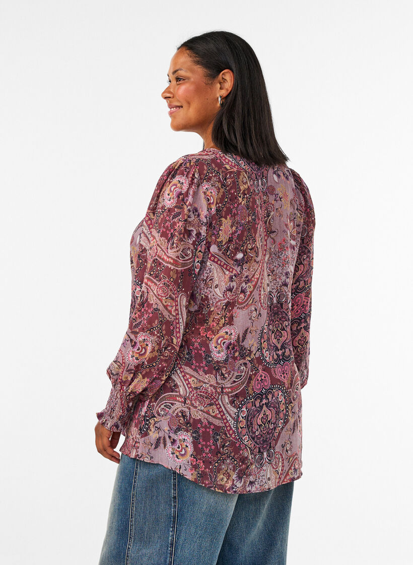 Tunika med paisleyprint og smockmanchetter, Lyser&oslash;d, Model image number 2