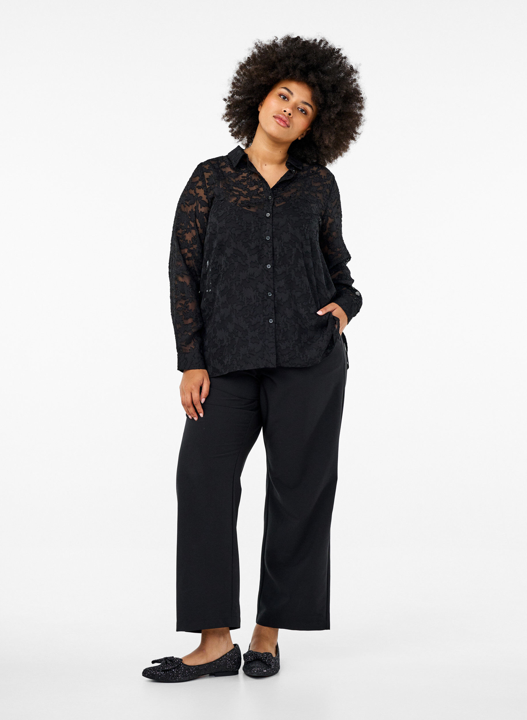 Zizzi Jacquard skjorte med knapper, Black, Model image number 3