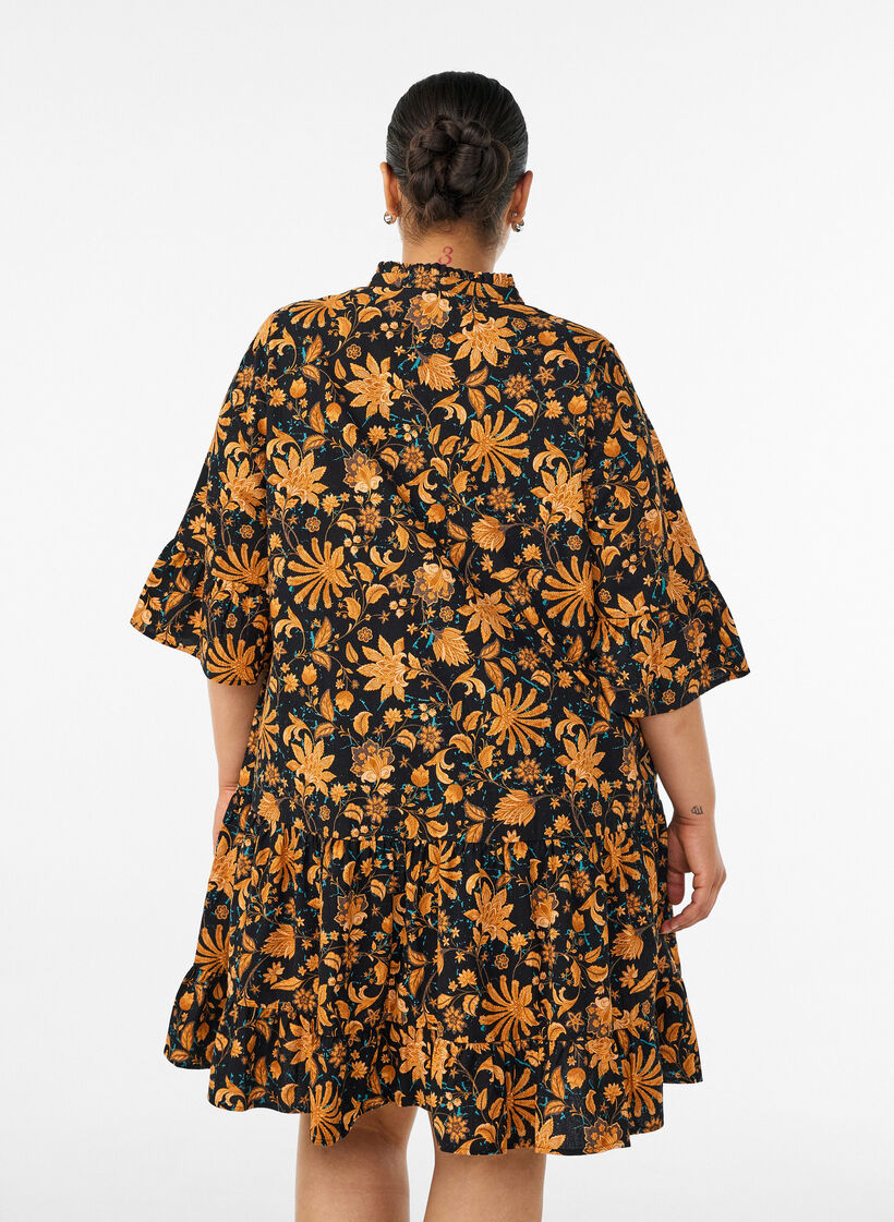 Blomstret bomuldskjole med fl&aelig;sedetaljer og l&oslash;s A-form, Orange, Model image number 2