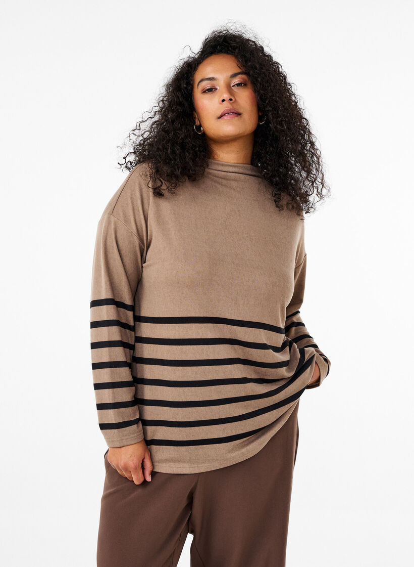 Langærmet bluse med striber og høj hals, Beige, Model image number 0