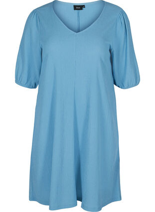 Kjole med pufærmer og v-hals, Azure Blue, Packshot image number 0