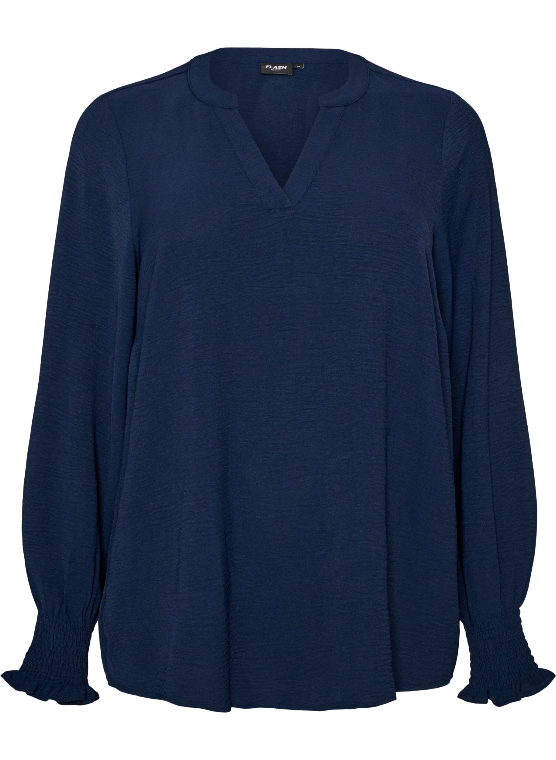 ZizziBluse med smock manchetter og V-udsk&aelig;ring, Bl&aring;, Packshot image number 0