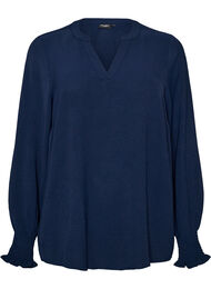 Bluse med smock manchetter og V-udsk&aelig;ring, Bl&aring;