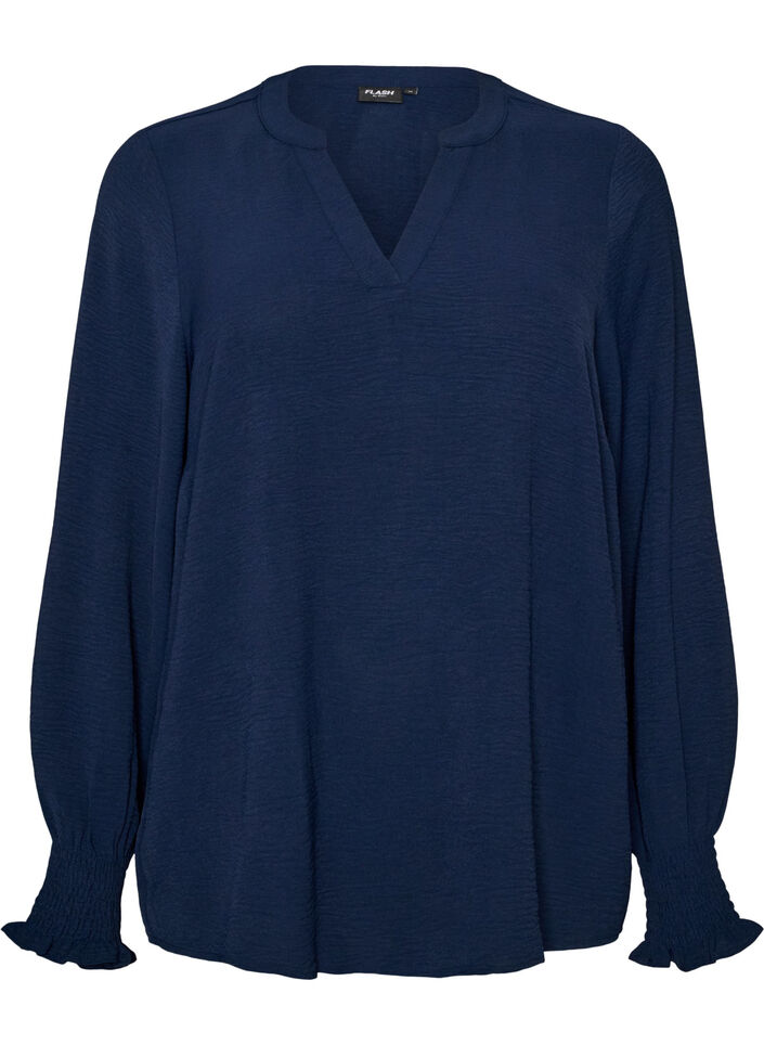 Bluse med smock manchetter og V-udsk&aelig;ring, Bl&aring;, Packshot image number 0
